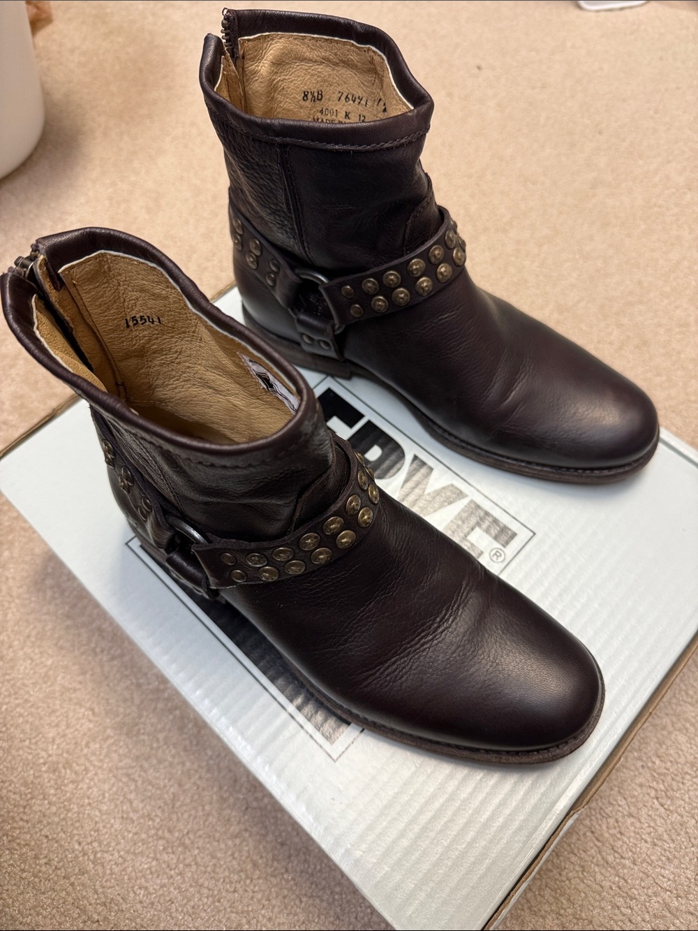 NEW Frye Phillip Dark Brown Studded Harness Back Zip Ankle Boots